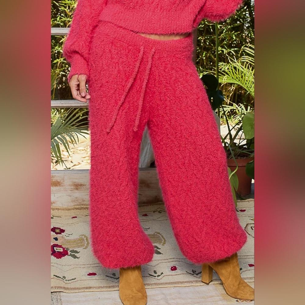 POL Cable Knit Fuzzy Sweater Pants - Coral Red Wide Leg Lounge Joggers